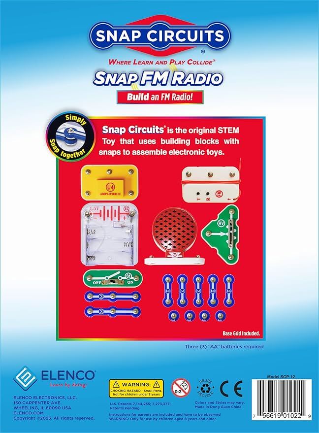 Colorful toy kit packaging featuring a red speaker, green switch, and blue connectors on a red background.