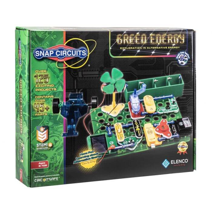 Green box displaying a circuit board with a green fan, solar panel, and various colorful snap-on electronic parts.