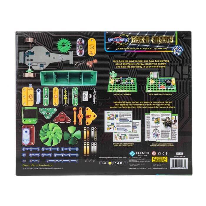 Back of toy packaging displaying green fans, colorful circuit parts, solar panels, and sample project diagrams.