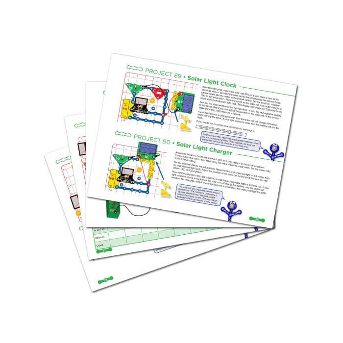 Stack of instruction manual pages showing colorful diagrams for solar-powered electronic circuit projects.