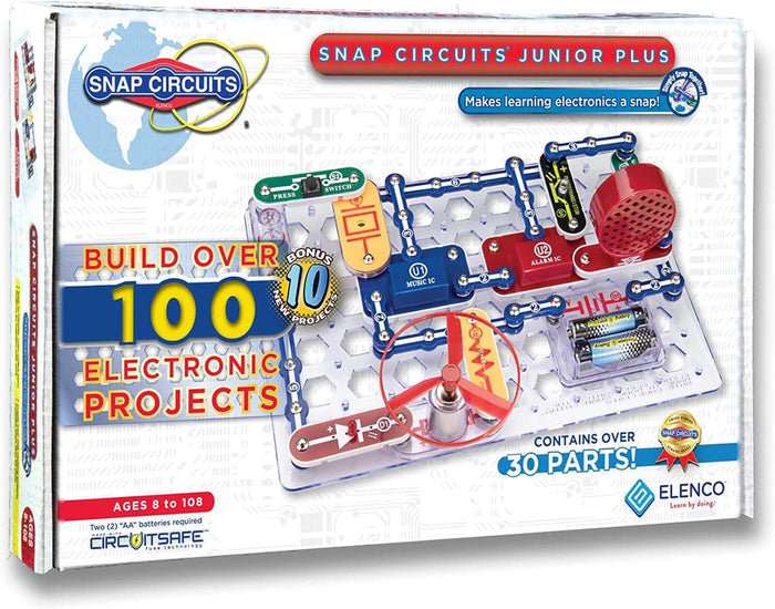 Snap Circuits box showing a circuit board with colorful components, a red fan, and a speaker. Over 100 projects.