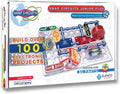Snap Circuits box showing a circuit board with colorful components, a red fan, and a speaker. Over 100 projects.