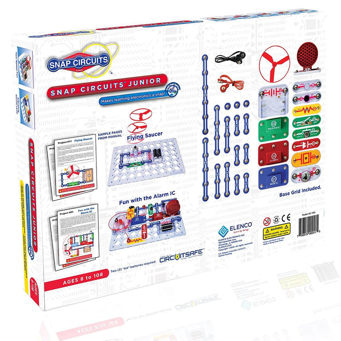 Toy electronics kit box with blue snap-together wires, motor, speaker, and colorful circuit project diagrams.