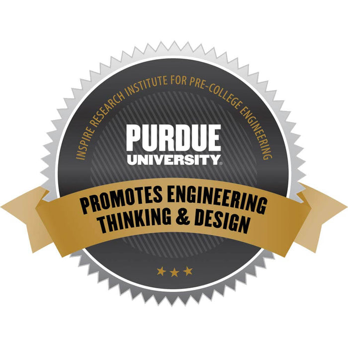 Purdue University seal with silver edges and a gold banner reading Promotes Engineering Thinking and Design.