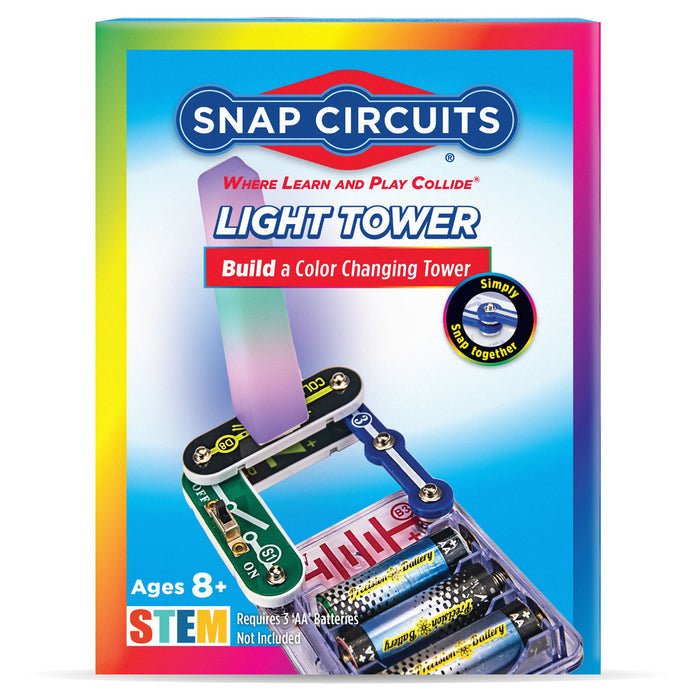 Snap Circuits Light Tower box art showing a glowing, color-changing tower built on a snap-together circuit board.