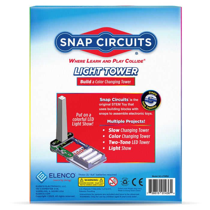 Back of blue packaging featuring an illustration of an assembled circuit tower with a battery pack and white pillar.