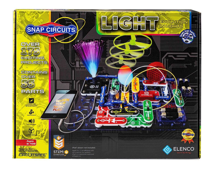 Snap Circuits Light box showing a colorful electronic build with fiber optics, a spinning fan, and glow ball.