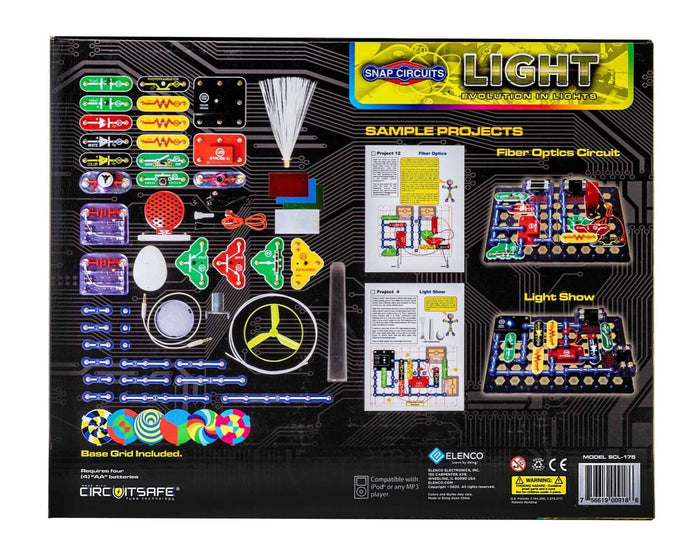 Product box featuring colorful electronic parts, a fiber optic wand, and sample light projects on a dark background.