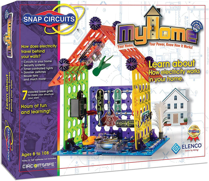 Box for Snap Circuits My Home showing a 3D house structure built with colorful plastic grids and electronic parts.