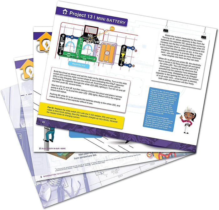 Instructional manual pages for a mini battery project showing colorful circuit diagrams and electronic parts.