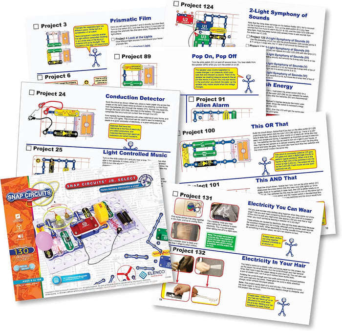 Instruction sheets with colorful diagrams for 130+ projects spread around a Snap Circuits electronics kit box.