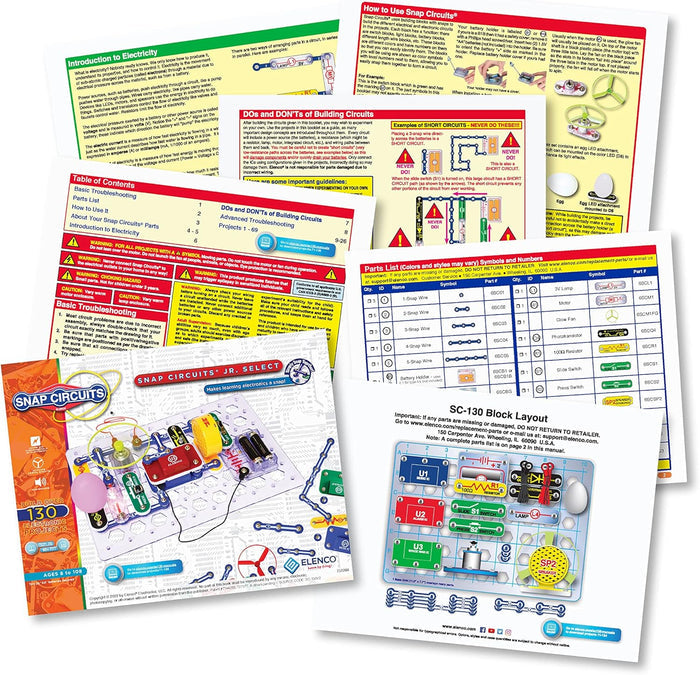 Open manuals and diagrams showing colorful snap-on electronic components like switches, a speaker, and battery holder.