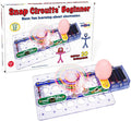Snap Circuits Beginner box and assembled kit with colorful snap-on wires and glowing, spinning lights on a clear base.