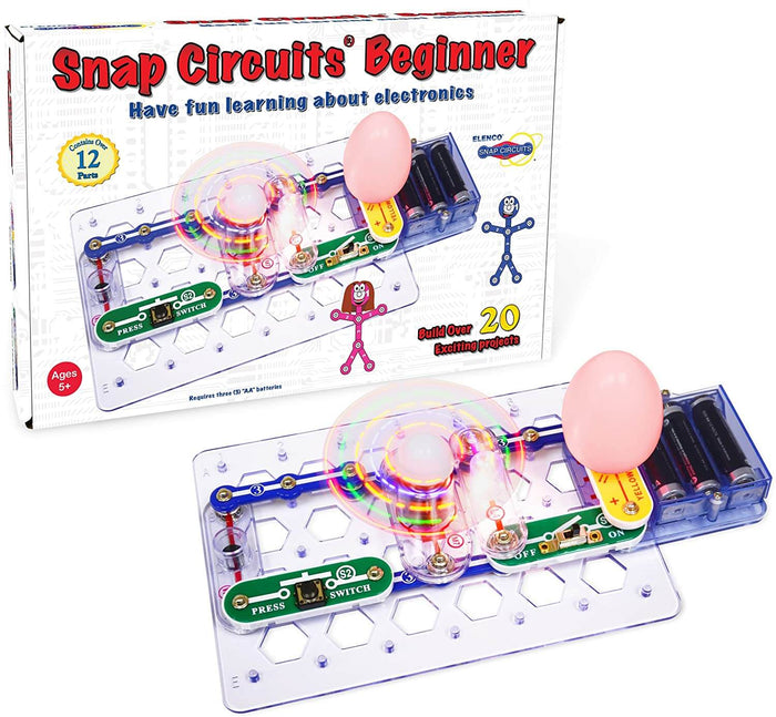 Snap Circuits Beginner box and assembled kit with colorful snap-on wires and glowing, spinning lights on a clear base.