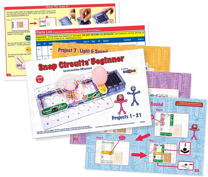 Snap Circuits manual and colorful project guides showing circuit diagrams, step-by-step instructions, and component lists.