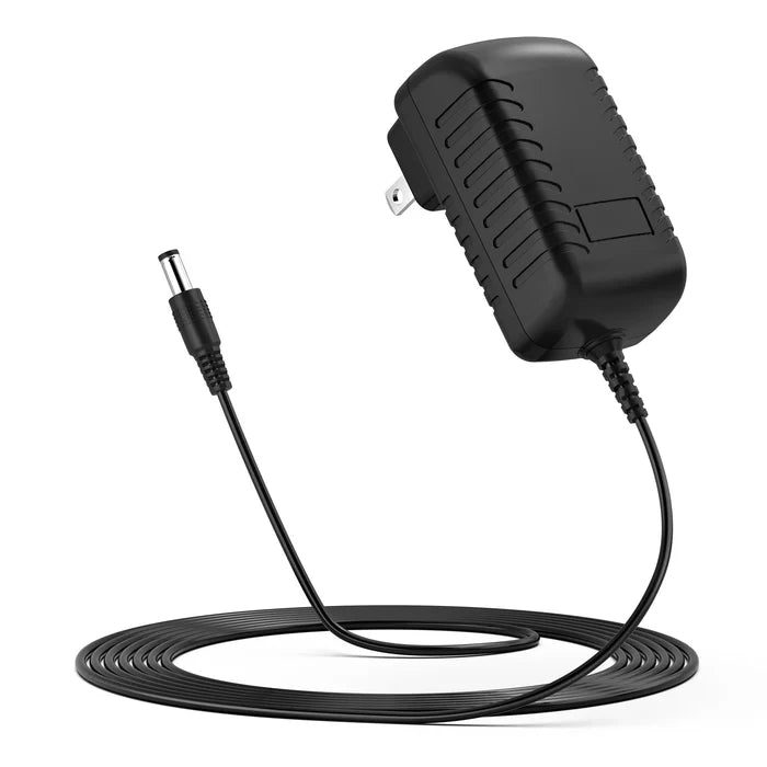 Black wall power adapter with two-prong plug, long black cable, and a barrel jack connector on a white background.