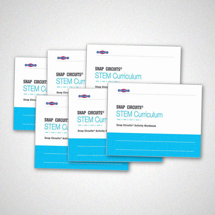 Six white workbooks with blue circuit-patterned borders and Snap Circuits STEM Curriculum text.