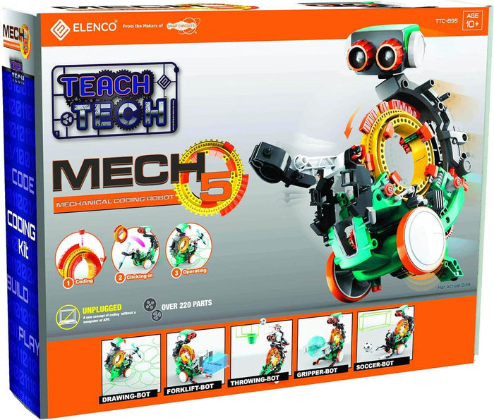 Orange and white retail box for a green DIY robot kit showing a large model, coding wheel, and five build variations.