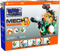 Orange and white retail box for a green DIY robot kit showing a large model, coding wheel, and five build variations.