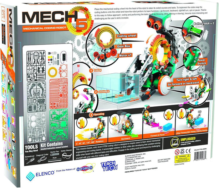 Box for white Mech-5 mechanical coding robot featuring colorful gears, coding wheel, and kit contents like tools and parts.