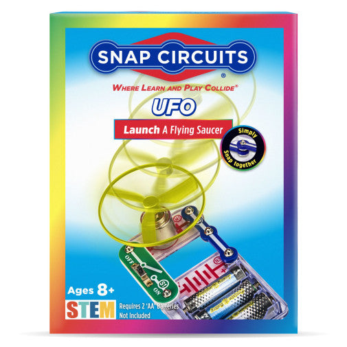 STEM toy box showing a yellow plastic propeller flying above a snap-together circuit board with a green switch.