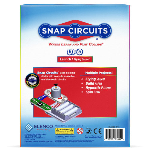 Blue Snap Circuits UFO packaging showing an illustrated circuit with battery pack, motor, and list of toy projects.