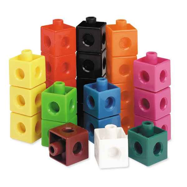 Colorful interlocking plastic cubes stacked in small towers, showing side circular holes and top connecting pegs.