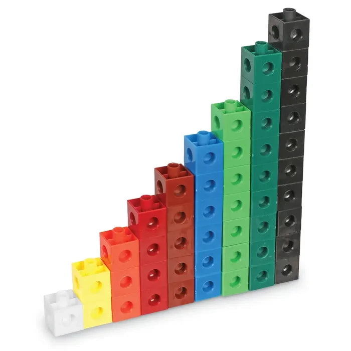 Colorful interlocking plastic cubes stacked in columns of 1 to 9, forming a staircase shape on a white background.