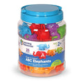 Clear jar with a teal lid filled with colorful toy elephants featuring letters that snap together trunk-to-tail.
