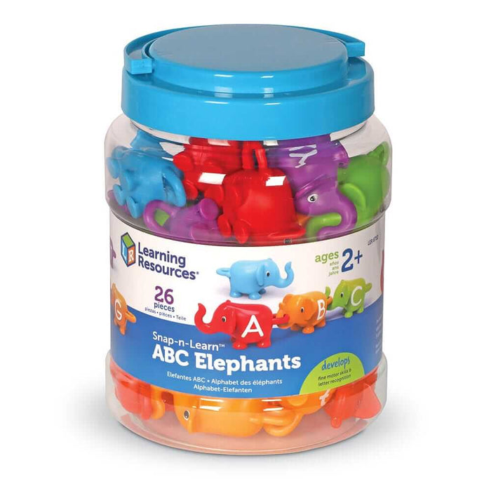 Clear jar with a teal lid filled with colorful toy elephants featuring letters that snap together trunk-to-tail.