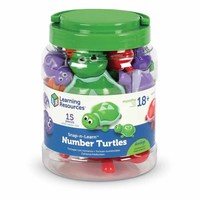 Clear jar with green lid filled with colorful toy turtles, labeled Learning Resources Snap-n-Learn Number Turtles.