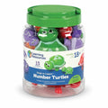 Clear jar with green lid filled with colorful toy turtles, labeled Learning Resources Snap-n-Learn Number Turtles.