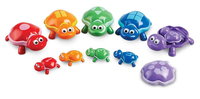 Five colorful toy turtles with removable shells and matching small turtles numbered one through five.