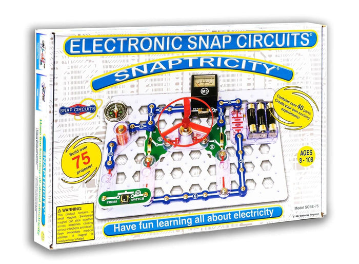 Electronics kit box showing a circuit with a red fan, blue wires, and a meter assembled on a white baseplate.