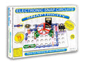 Electronics kit box showing a circuit with a red fan, blue wires, and a meter assembled on a white baseplate.