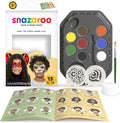 Animal face paint kit featuring 8 colors, 2 stencils, sponge, brush, and instructional booklet in white packaging.