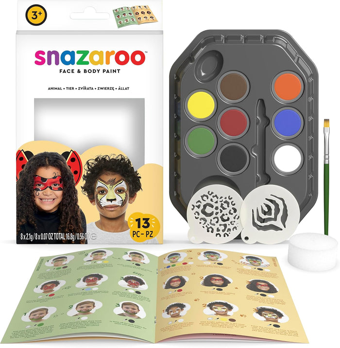 Animal face paint kit featuring 8 colors, 2 stencils, sponge, brush, and instructional booklet in white packaging.