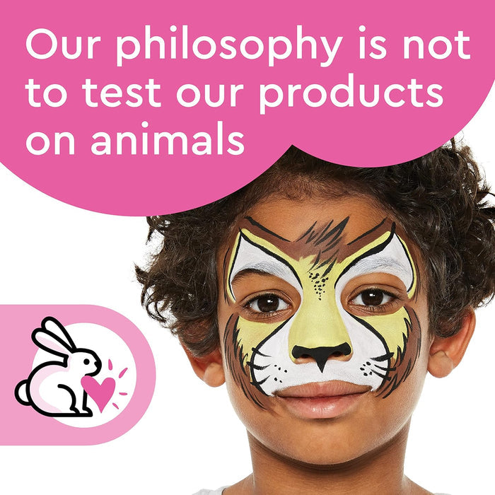Child with yellow and brown lion face paint. Pink text and a bunny icon state products are not tested on animals.