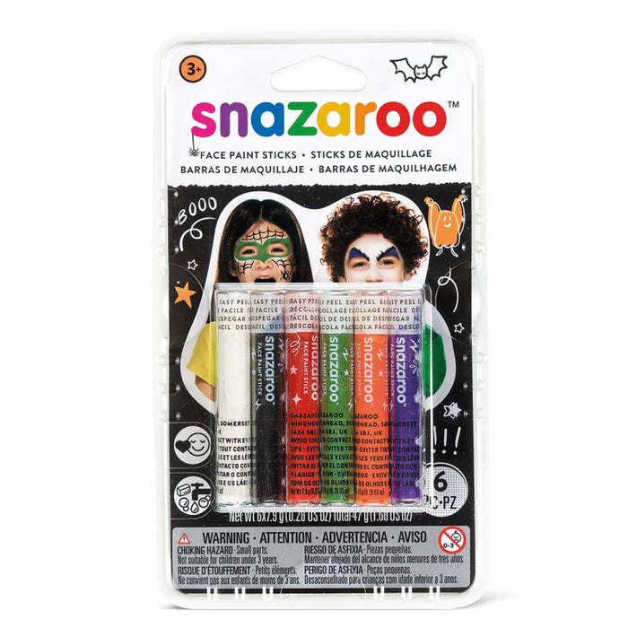 Six Snazaroo face paint sticks in a clear blister pack with black, white, red, green, blue, and yellow tips.