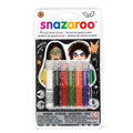 Six Snazaroo face paint sticks in a clear blister pack with black, white, red, green, blue, and yellow tips.