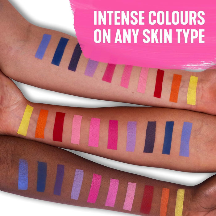 Ten vibrant face paint swatches on three different skin tones. Text: Intense colours on any skin type.