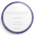 Circular tub of white Snazaroo face paint with a translucent blue rim and embossed white text on a clear lid.