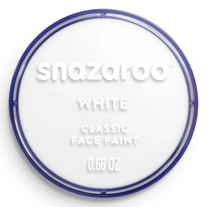 Circular tub of white Snazaroo face paint with a translucent blue rim and embossed white text on a clear lid.