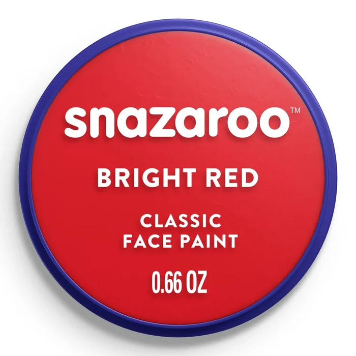 Circular blue pot with a bright red lid and white text reading Snazaroo Bright Red Classic Face Paint 0.66 OZ.