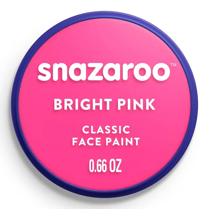 Circular blue tub of bright pink face paint with Snazaroo Bright Pink Classic Face Paint 0.66 oz in white text.