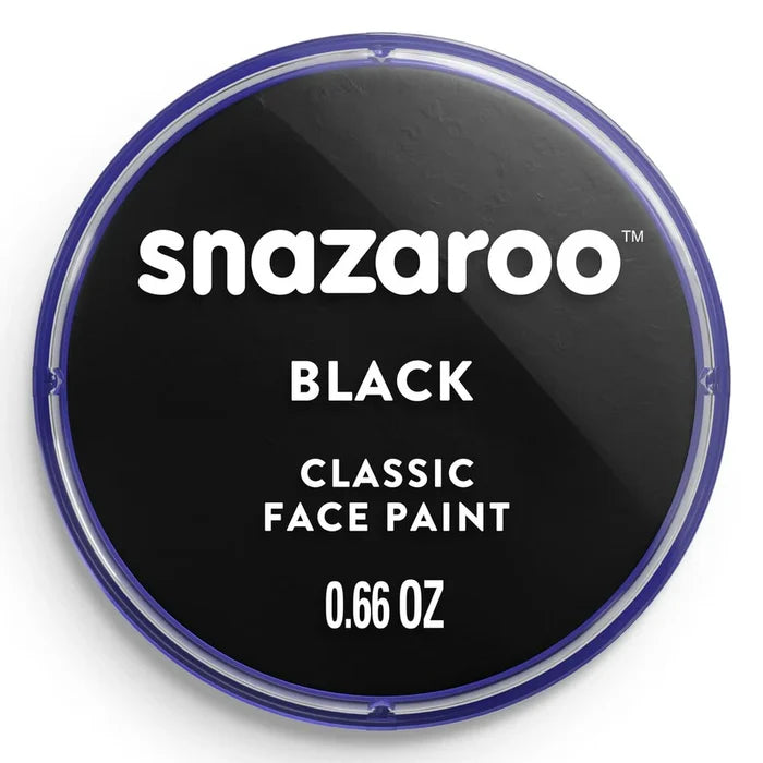 Circular pot of black face paint with a translucent purple rim and white Snazaroo branding on the black lid.