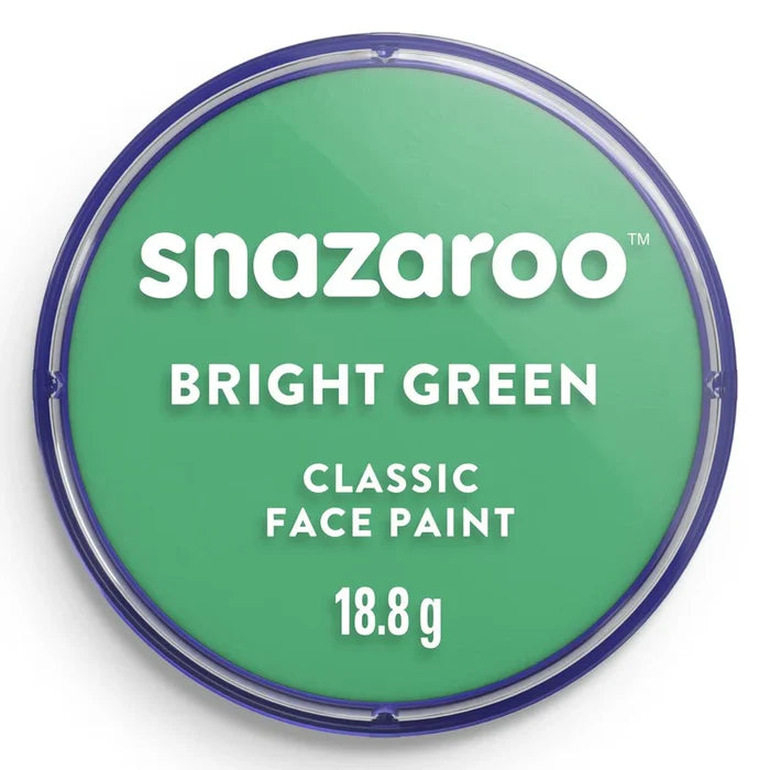Circular pot of bright green Snazaroo face paint with a clear lid and blue rim, labeled 18.8g.