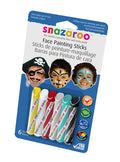 6 face paint sticks in yellow, white, red, silver, teal, and black. Blue pack shows kids in pirate and animal face paint.