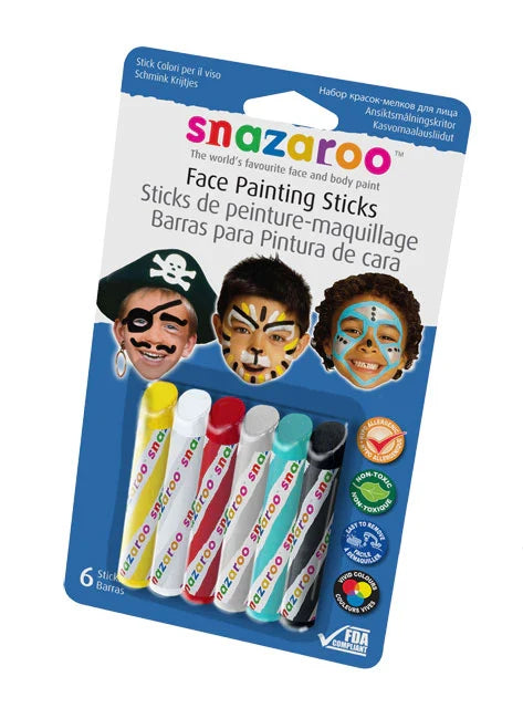 6 face paint sticks in yellow, white, red, silver, teal, and black. Blue pack shows kids in pirate and animal face paint.