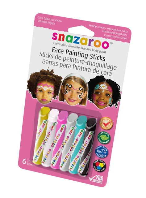 6 Snazaroo face paint sticks in a pink blister pack featuring three young girls with colorful face paint.
